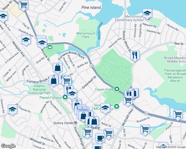 map of restaurants, bars, coffee shops, grocery stores, and more near 118 Greenleaf Street in Quincy