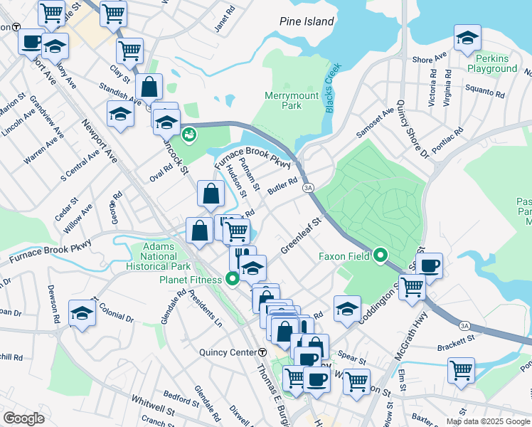 map of restaurants, bars, coffee shops, grocery stores, and more near 64 Merrymount Road in Quincy