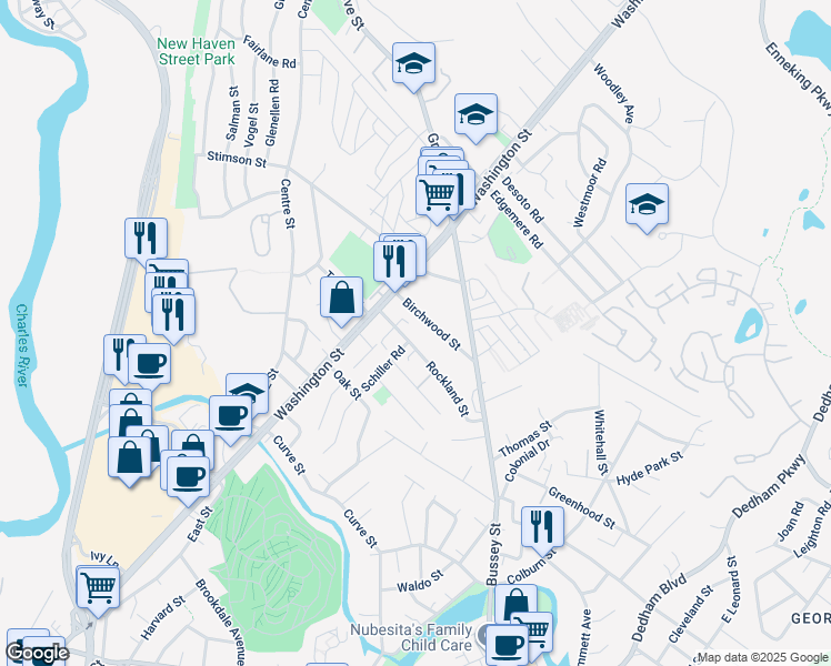 map of restaurants, bars, coffee shops, grocery stores, and more near 36 Rockland Street in Boston