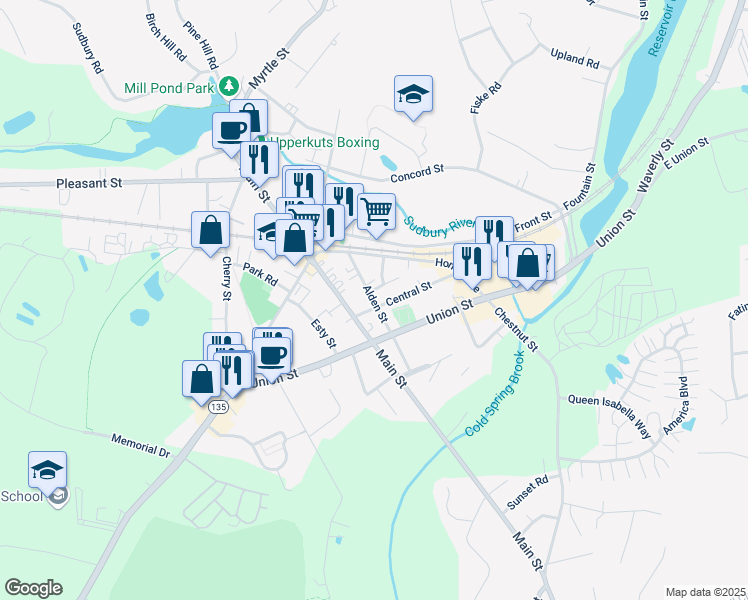map of restaurants, bars, coffee shops, grocery stores, and more near 87 Alden Street in Ashland
