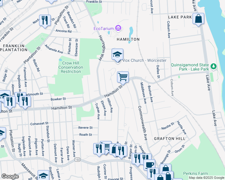 map of restaurants, bars, coffee shops, grocery stores, and more near in Worcester