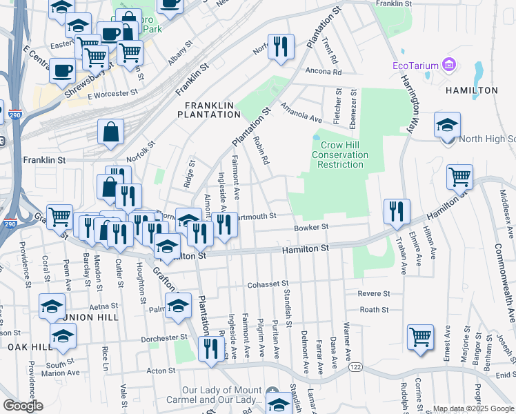 map of restaurants, bars, coffee shops, grocery stores, and more near 45 Dartmouth Street in Worcester