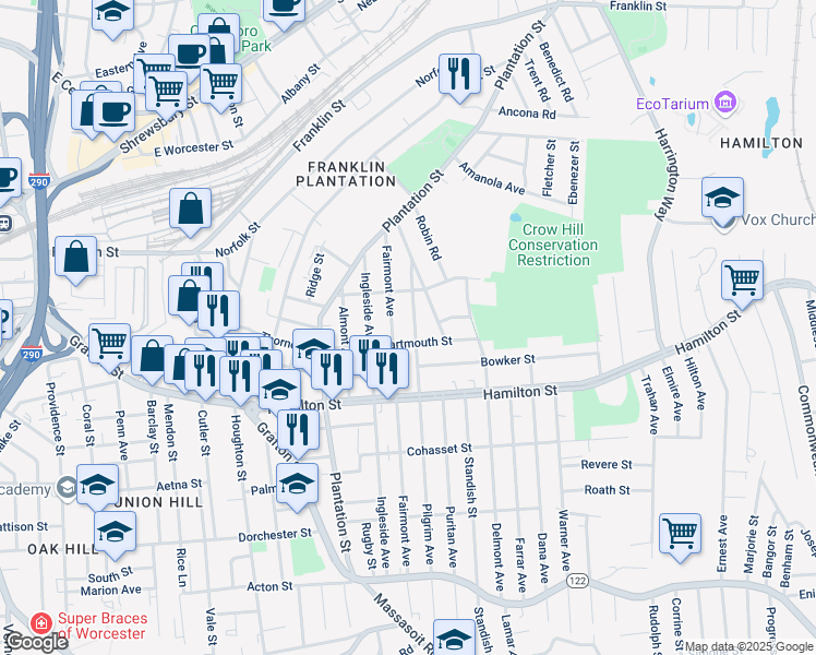 map of restaurants, bars, coffee shops, grocery stores, and more near 73 Fairmont Avenue in Worcester