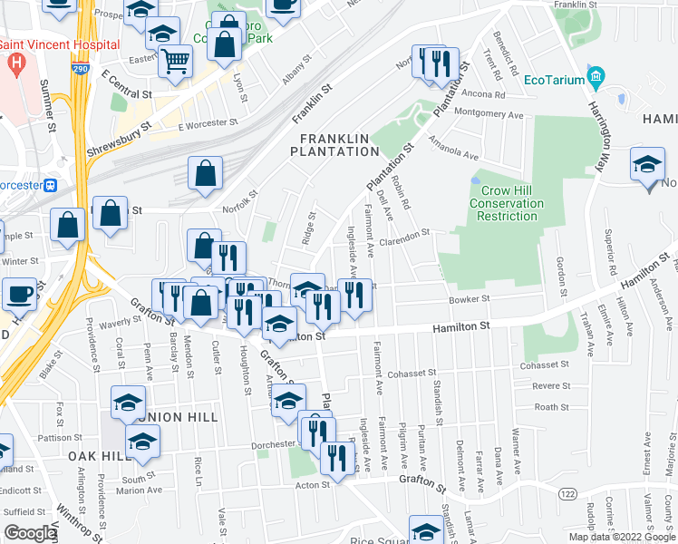 map of restaurants, bars, coffee shops, grocery stores, and more near 13 Dartmouth Street in Worcester