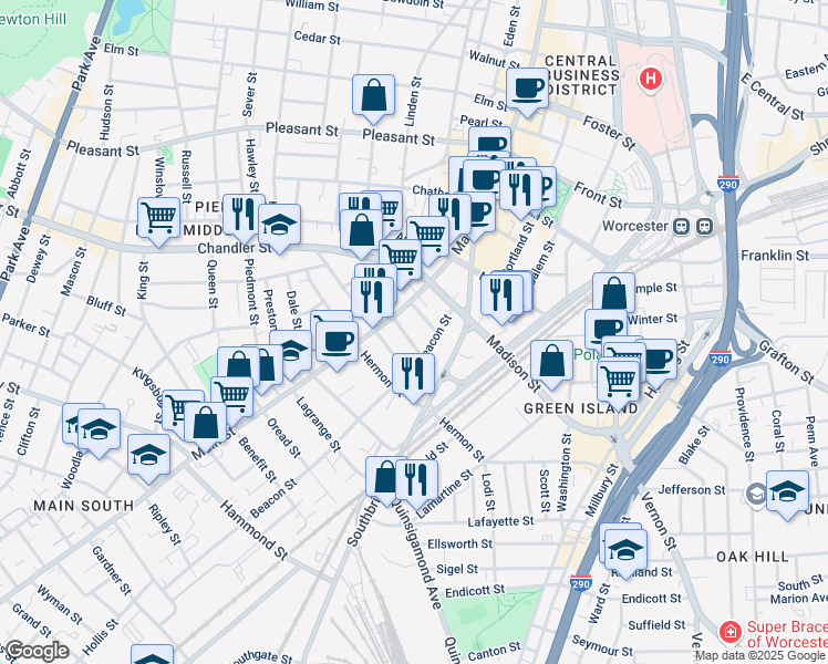 map of restaurants, bars, coffee shops, grocery stores, and more near 7 Sycamore Street in Worcester