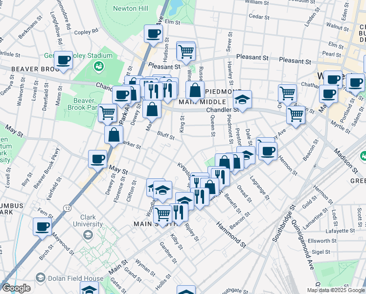 map of restaurants, bars, coffee shops, grocery stores, and more near 36 King Street in Worcester