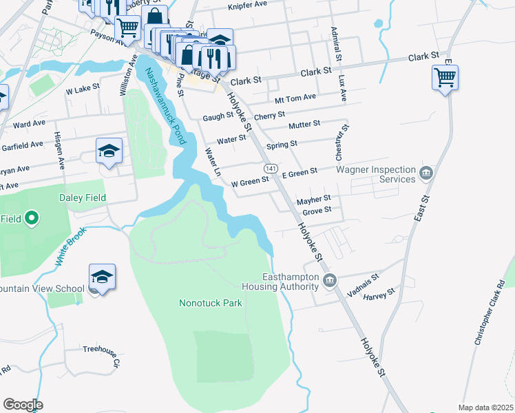 map of restaurants, bars, coffee shops, grocery stores, and more near 10-22 Nashawannuck Street in Easthampton