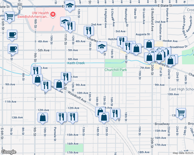 map of restaurants, bars, coffee shops, grocery stores, and more near 905 14th Street in Rockford