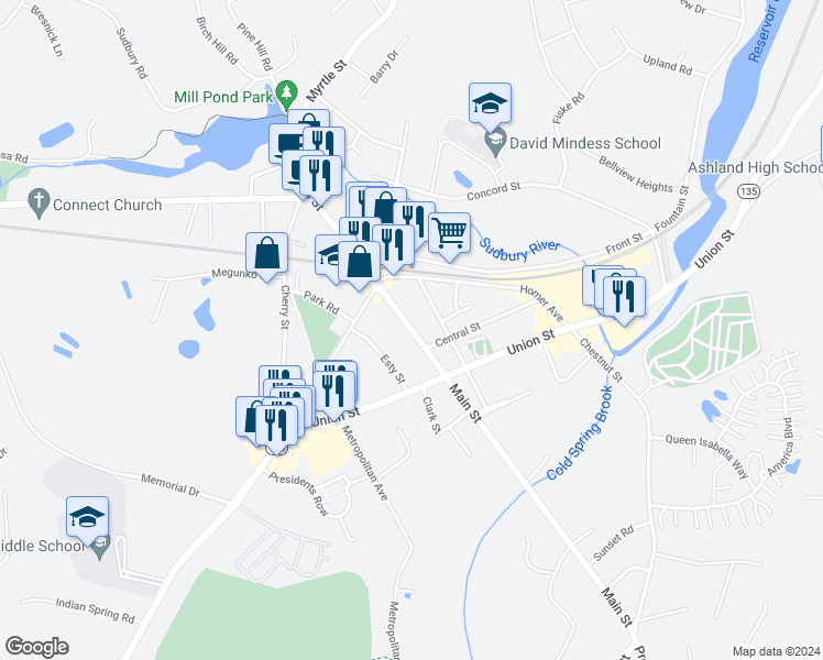 map of restaurants, bars, coffee shops, grocery stores, and more near 273 Main Street in Ashland