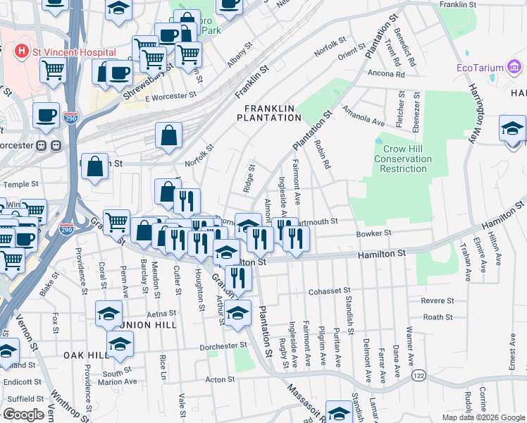 map of restaurants, bars, coffee shops, grocery stores, and more near 102 Plantation Street in Worcester