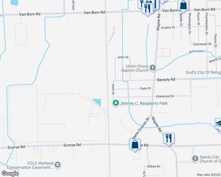 map of restaurants, bars, coffee shops, grocery stores, and more near 36283 Park Place in Romulus