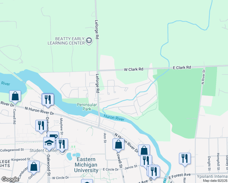 map of restaurants, bars, coffee shops, grocery stores, and more near 633 Villa Drive in Ypsilanti