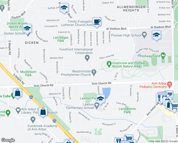 map of restaurants, bars, coffee shops, grocery stores, and more near 1526 Hanover Court in Ann Arbor