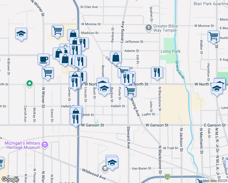 map of restaurants, bars, coffee shops, grocery stores, and more near 827 Backus Street in Jackson