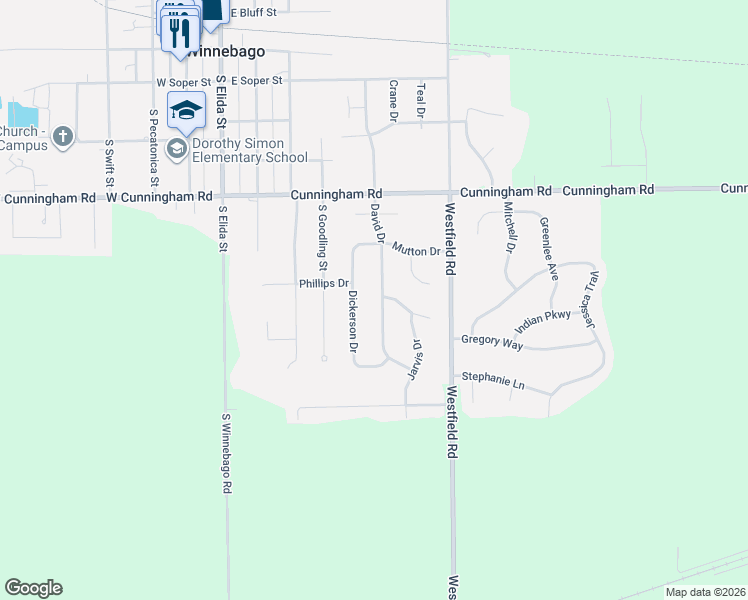 map of restaurants, bars, coffee shops, grocery stores, and more near 603 David Drive in Winnebago