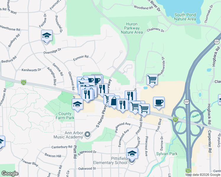 map of restaurants, bars, coffee shops, grocery stores, and more near 2001 Huron Parkway in Ann Arbor