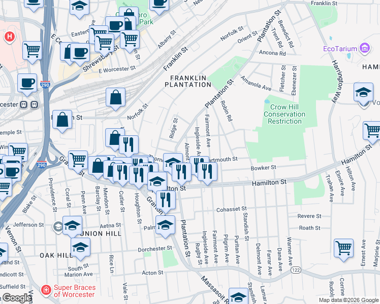 map of restaurants, bars, coffee shops, grocery stores, and more near 26 Almont Avenue in Worcester