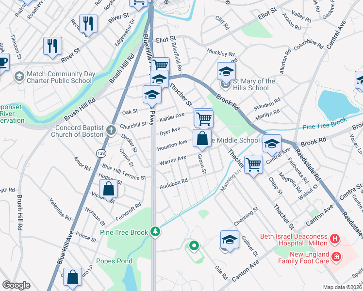 map of restaurants, bars, coffee shops, grocery stores, and more near 51 Houston Avenue in Milton