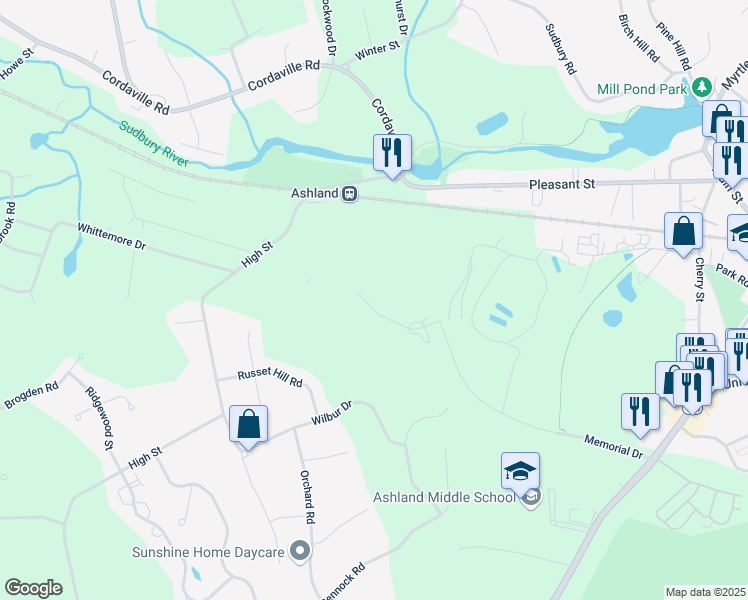 map of restaurants, bars, coffee shops, grocery stores, and more near 4 Cirrus Drive in Ashland