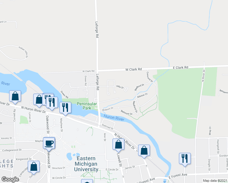 map of restaurants, bars, coffee shops, grocery stores, and more near 640 Villa Drive in Ypsilanti