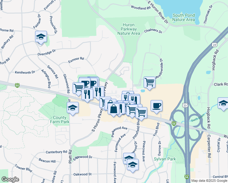 map of restaurants, bars, coffee shops, grocery stores, and more near 2009 Huron Parkway in Ann Arbor