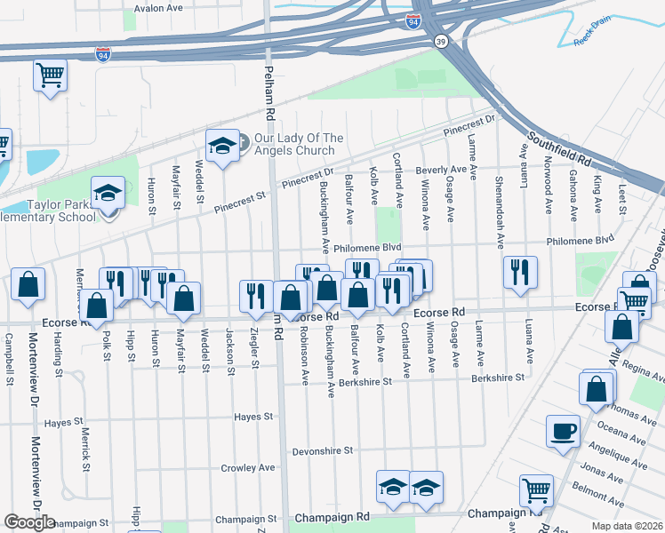 map of restaurants, bars, coffee shops, grocery stores, and more near 6760 Buckingham Avenue in Allen Park