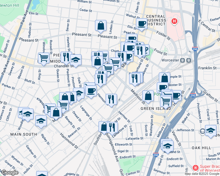 map of restaurants, bars, coffee shops, grocery stores, and more near 8 Sycamore Street in Worcester