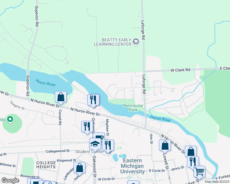 map of restaurants, bars, coffee shops, grocery stores, and more near 831 Green Road in Ypsilanti