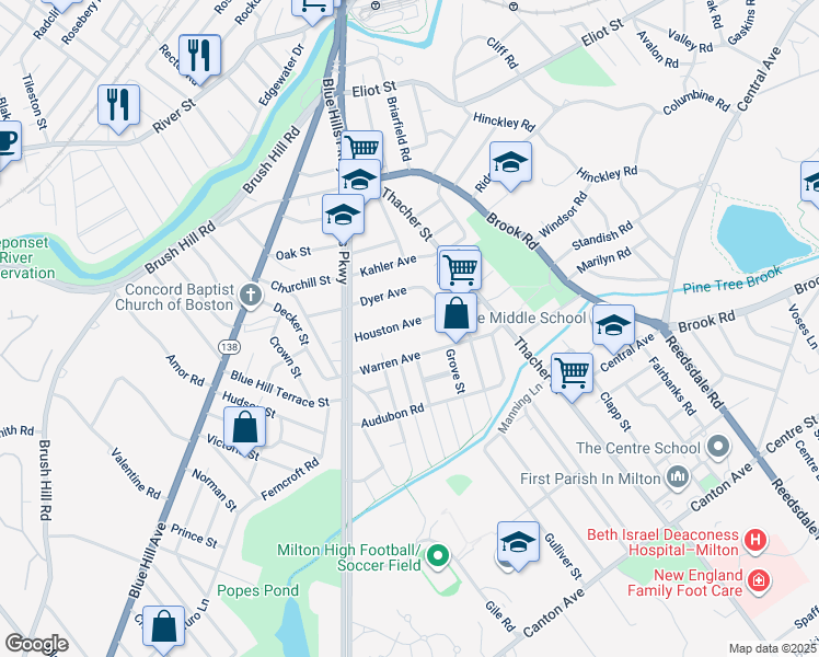 map of restaurants, bars, coffee shops, grocery stores, and more near 51 Houston Avenue in Milton