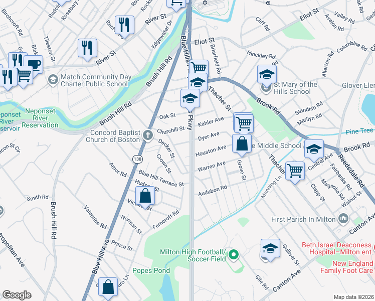 map of restaurants, bars, coffee shops, grocery stores, and more near 249 Blue Hills Parkway in Milton