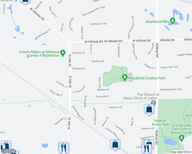 map of restaurants, bars, coffee shops, grocery stores, and more near 645 Lochwood Drive in Crystal Lake