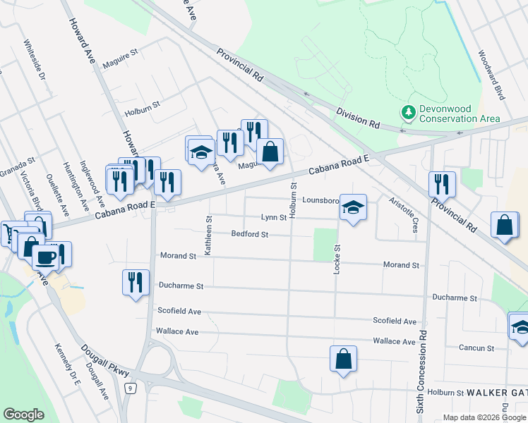 map of restaurants, bars, coffee shops, grocery stores, and more near 740 Lynn Street in Windsor