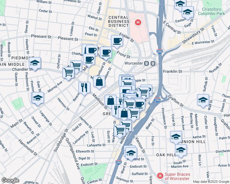 map of restaurants, bars, coffee shops, grocery stores, and more near 37 Gold Street in Worcester