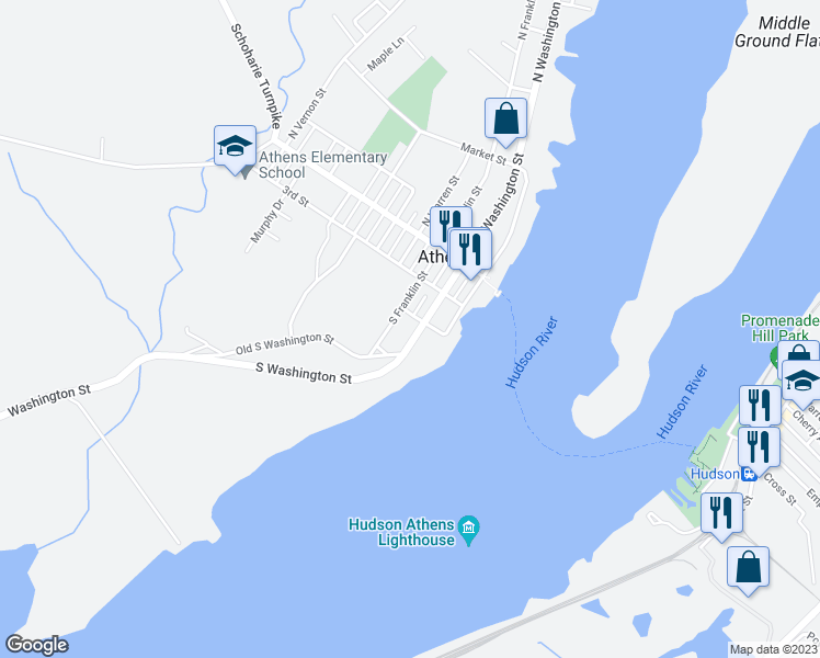 map of restaurants, bars, coffee shops, grocery stores, and more near 29 South Washington Street in Athens