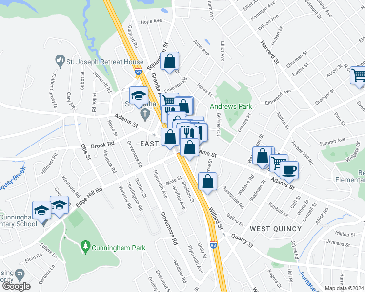 map of restaurants, bars, coffee shops, grocery stores, and more near 1200 Adams Street in Milton