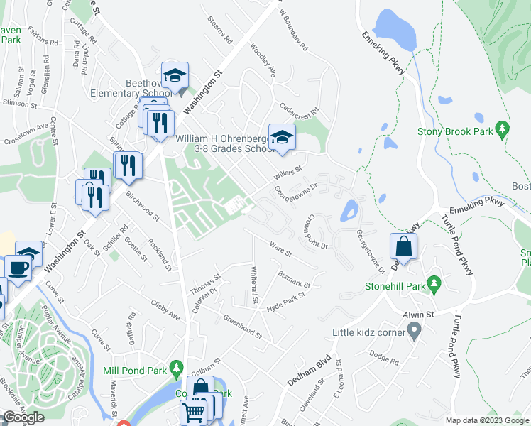 map of restaurants, bars, coffee shops, grocery stores, and more near 153 Edgemere Road in Boston