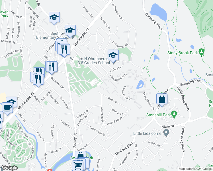 map of restaurants, bars, coffee shops, grocery stores, and more near 145 Edgemere Road in Boston