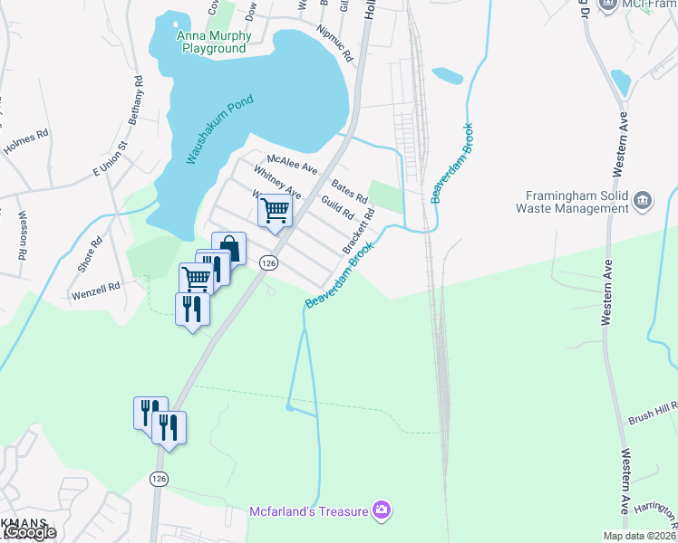 map of restaurants, bars, coffee shops, grocery stores, and more near 22 Brackett Road in Ashland