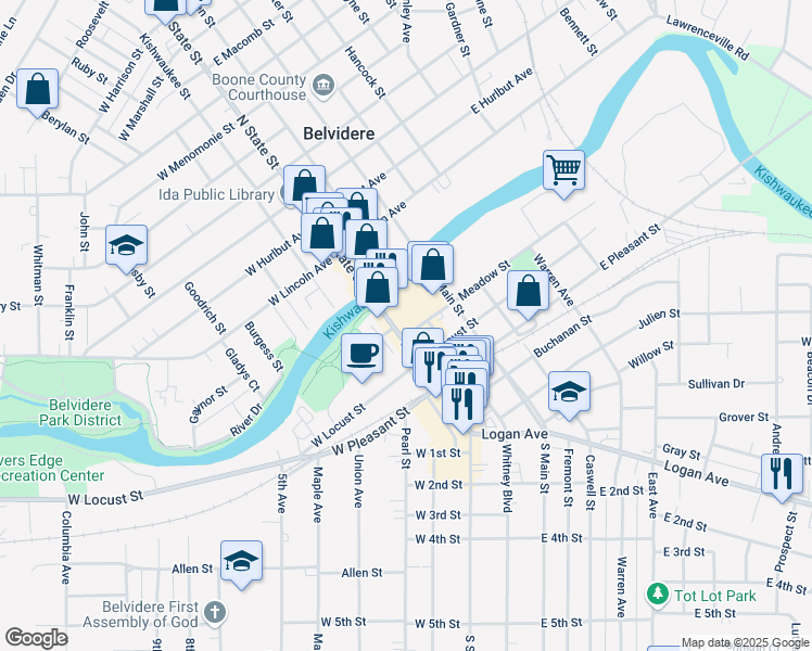 map of restaurants, bars, coffee shops, grocery stores, and more near 137 South State Street in Belvidere