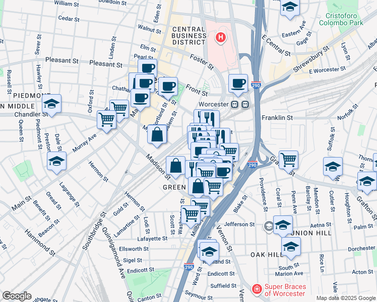 map of restaurants, bars, coffee shops, grocery stores, and more near 2 Plymouth Street in Worcester