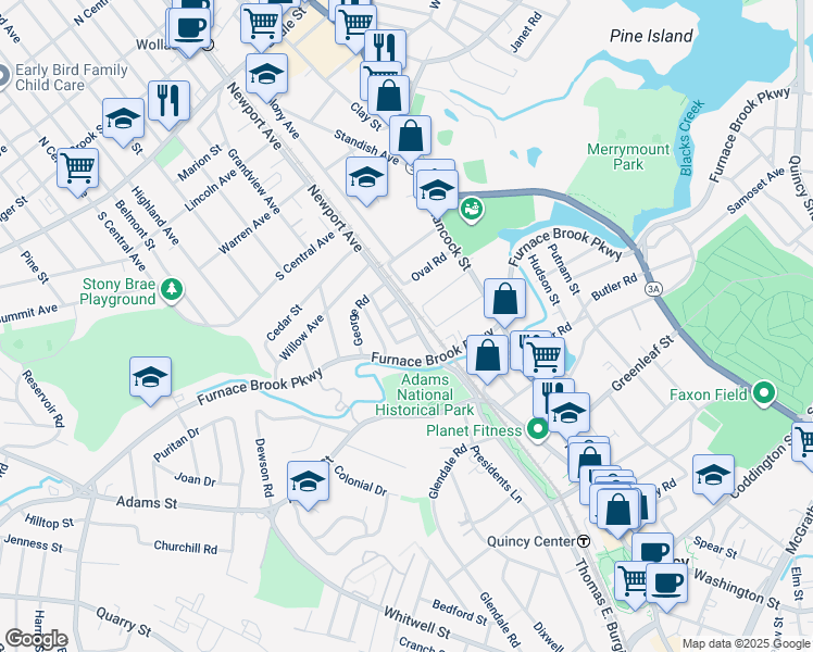 map of restaurants, bars, coffee shops, grocery stores, and more near 15 Morgan Road in Quincy