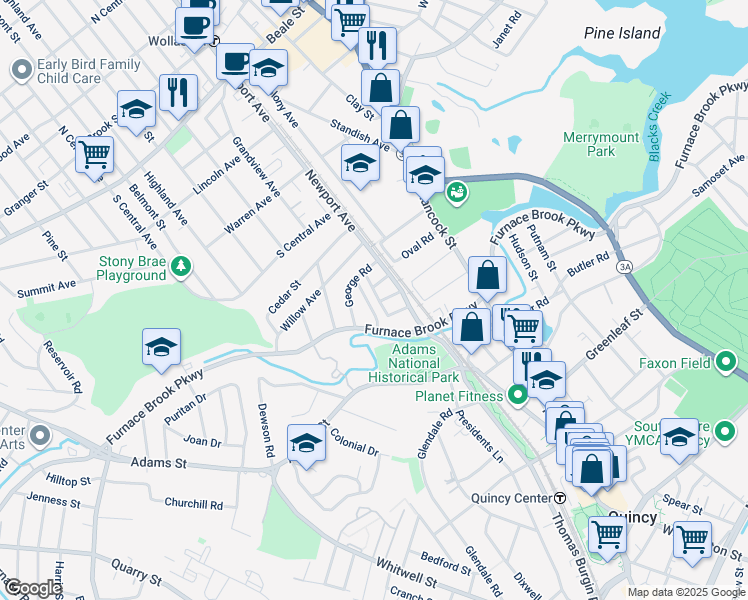 map of restaurants, bars, coffee shops, grocery stores, and more near 15 Morgan Road in Quincy