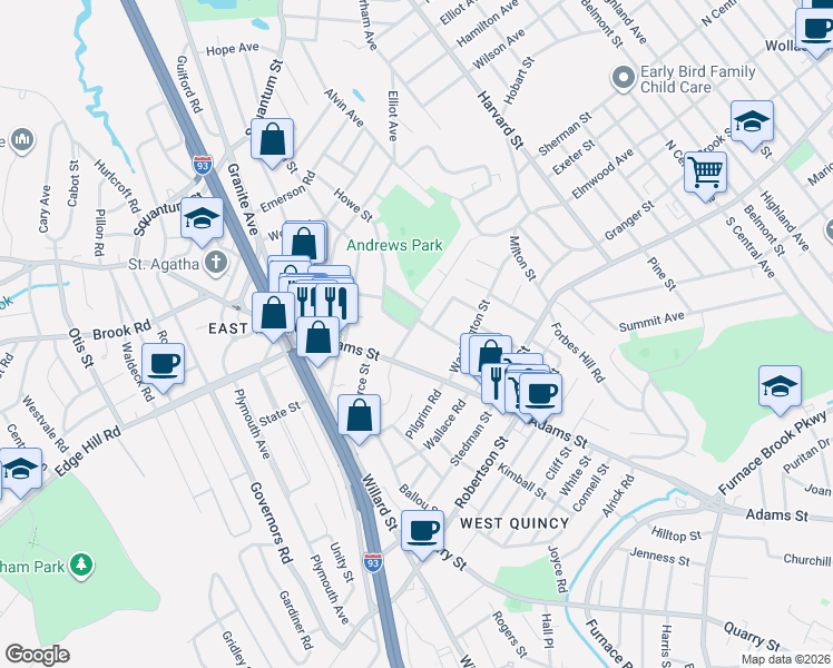 map of restaurants, bars, coffee shops, grocery stores, and more near 19 Granite Place in Milton