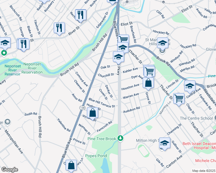 map of restaurants, bars, coffee shops, grocery stores, and more near 47 Decker Street in Milton