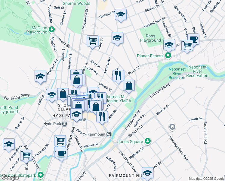 map of restaurants, bars, coffee shops, grocery stores, and more near 1082 River Street in Boston