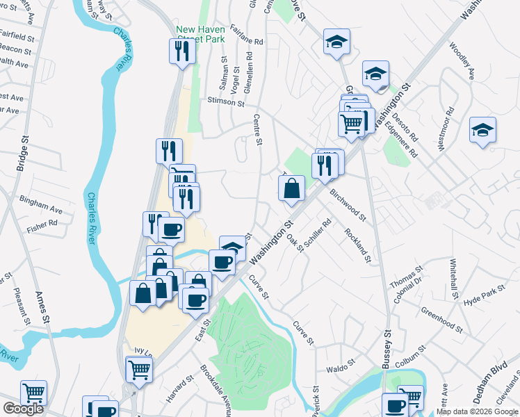 map of restaurants, bars, coffee shops, grocery stores, and more near 11 Winter Street in Dedham