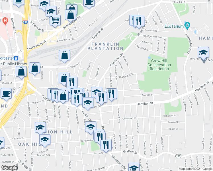 map of restaurants, bars, coffee shops, grocery stores, and more near 13 Dartmouth Street in Worcester