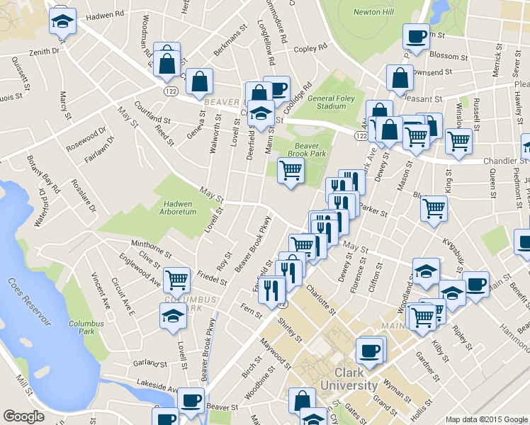 map of restaurants, bars, coffee shops, grocery stores, and more near 54 Beaverbrook Parkway in Worcester