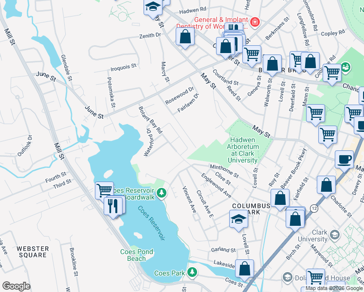 map of restaurants, bars, coffee shops, grocery stores, and more near 93 Botany Bay Road in Worcester