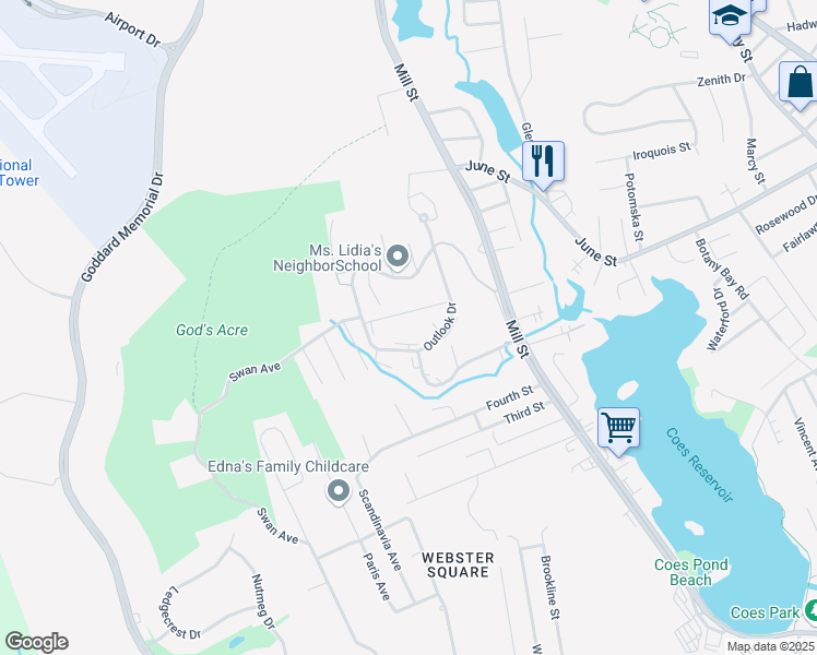 map of restaurants, bars, coffee shops, grocery stores, and more near 68 Outlook Drive in Worcester